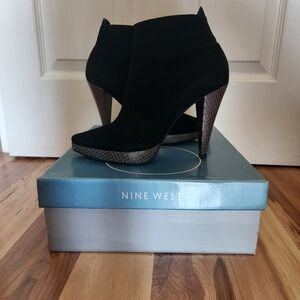 Nine West  black genuine suede, snake like platform leather booties. Size. 8.5